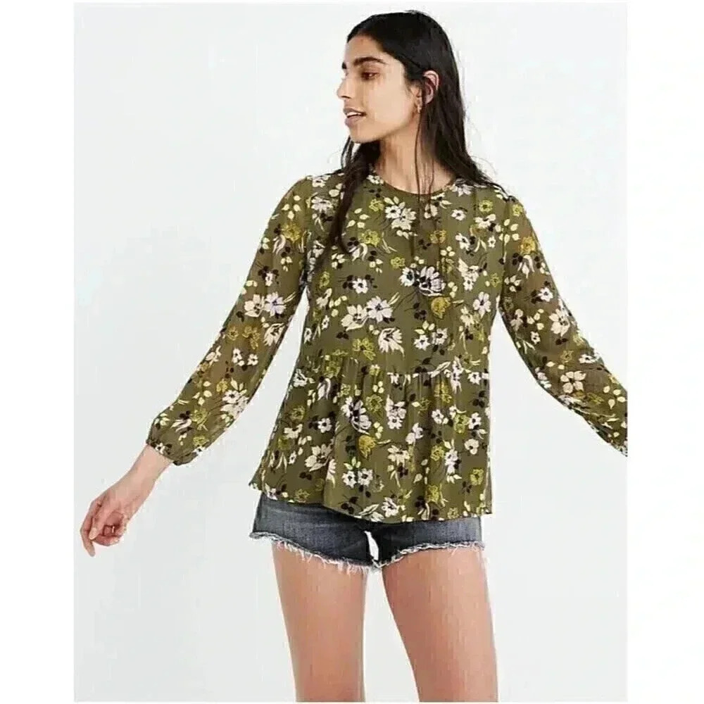 Madewell Top Women S Green Floral Long Sleeves Lined Peplum Boho Casual